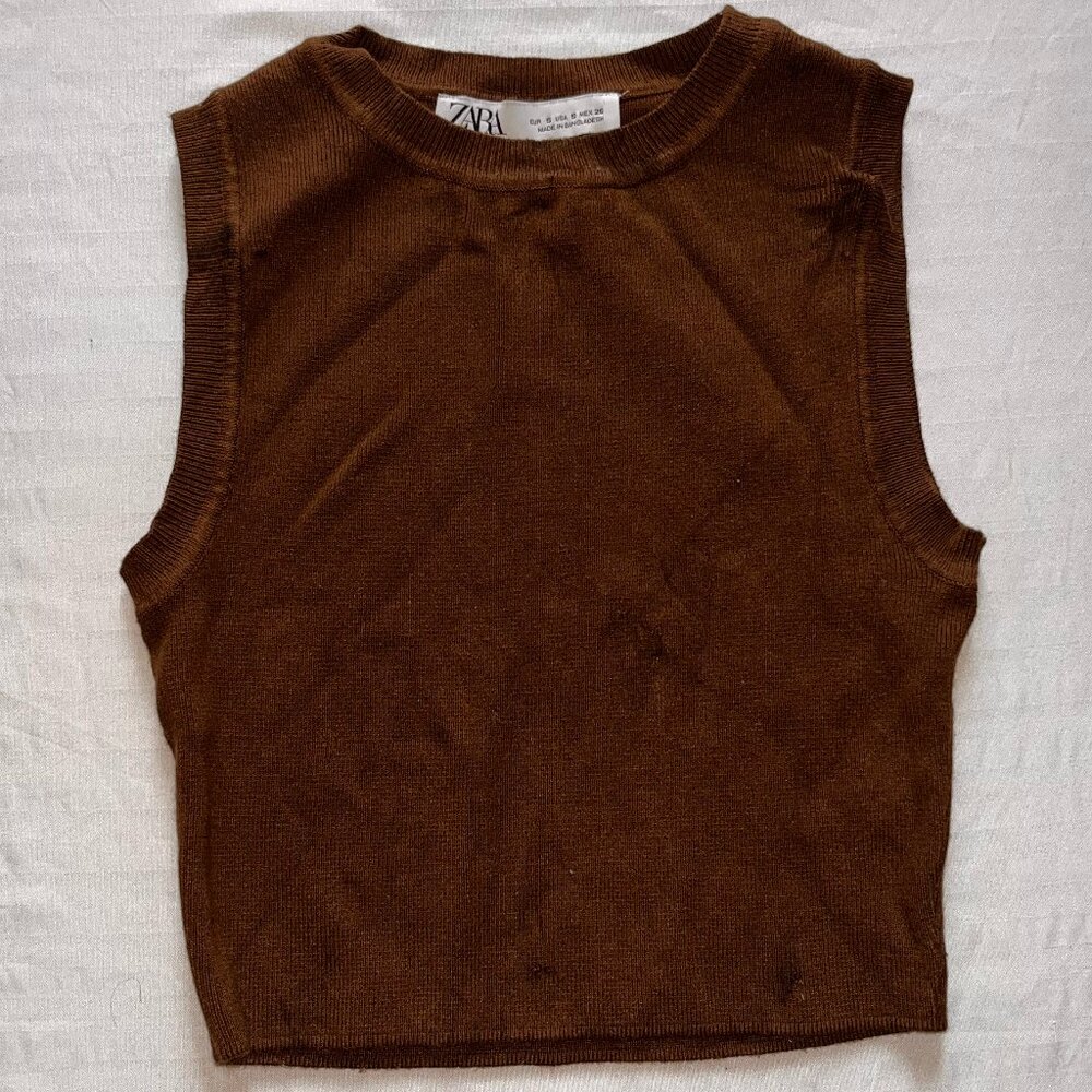 Zara's Women's Brown High Neck Crop-Top Tank